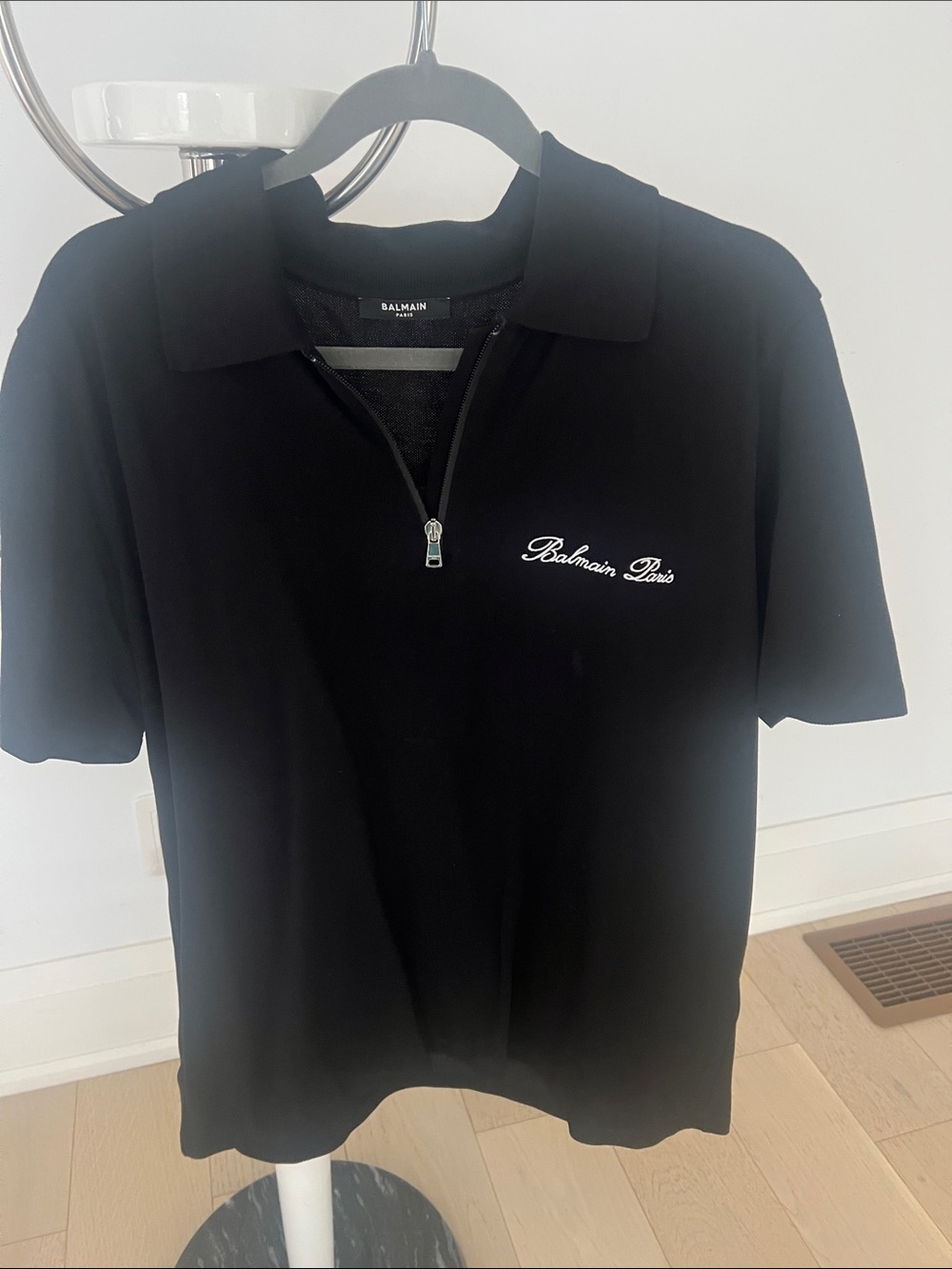 Balmain Black Short-Sleeve Polo with Front Zip and Script Logo
